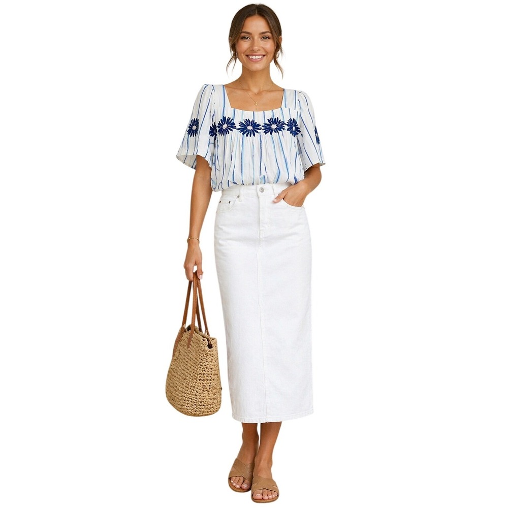 Madewell Embroidered Stripe Blouse White Denim Midi Skirt Outfit Set M Coastal